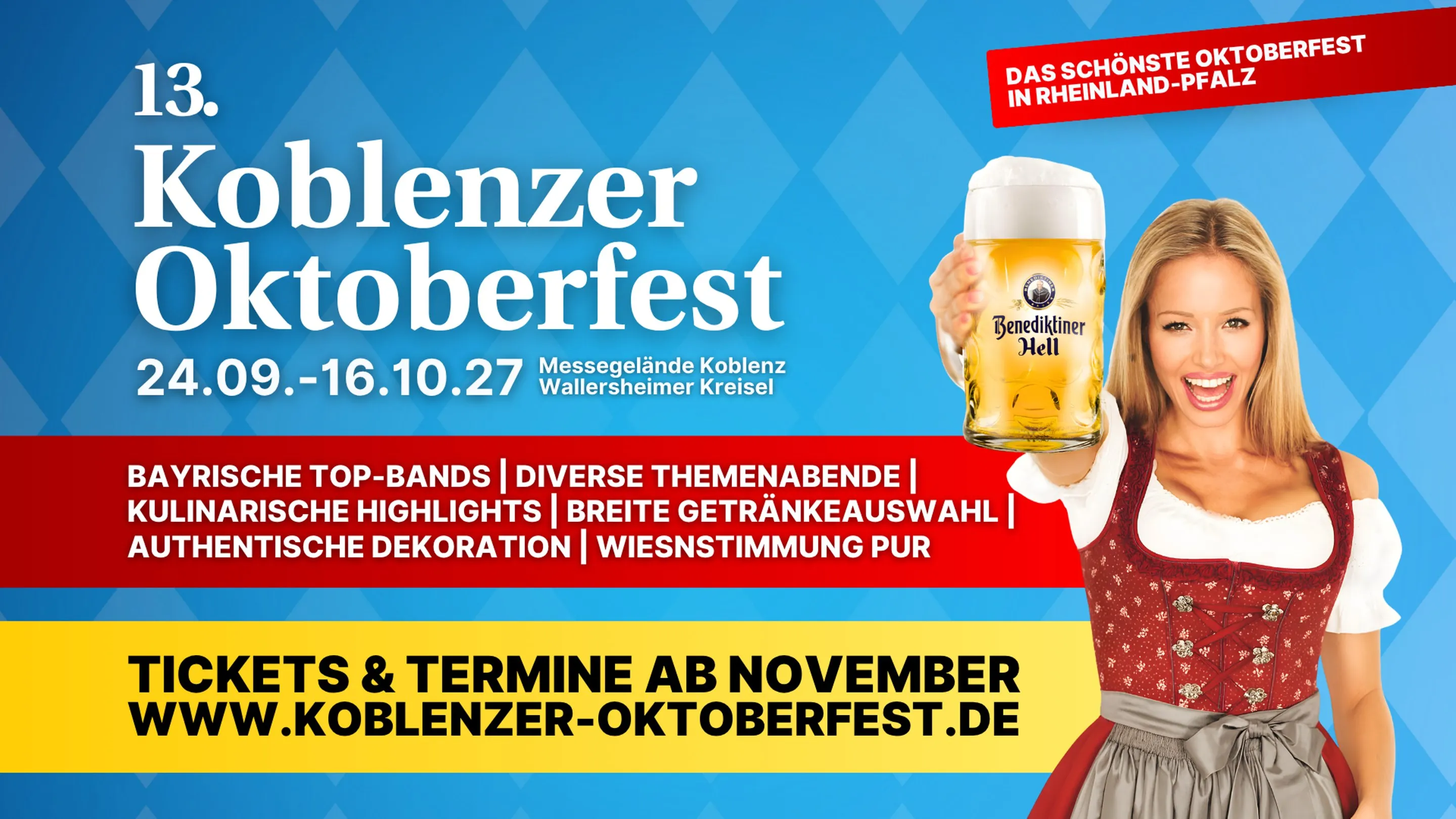 Plakat 13. Koblenzer Oktoberfest, 24.09. bis 16.10.2027, Messegelände Koblenz
